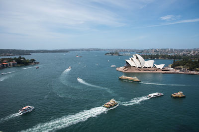 High angle view of boats sailing in sea