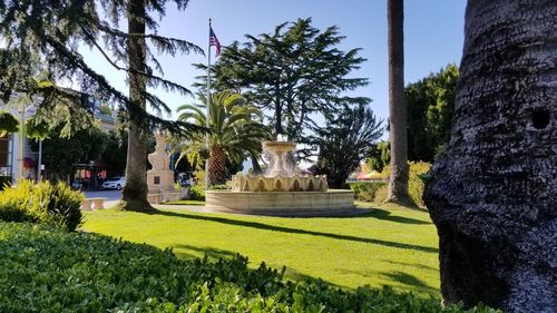 Statue in park against sky