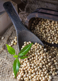 High angle view of soybeans with container and spatula on burlap