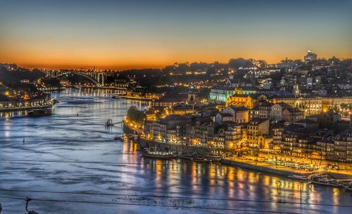 Illuminated buildings in porto at sunset