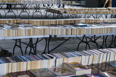 High angle view of chairs on table