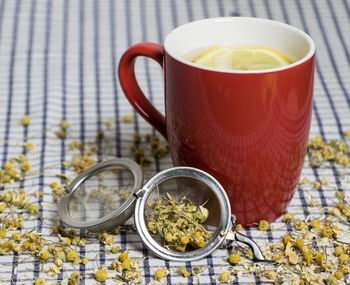 Close-up of tea cup on table