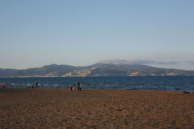 People on beach against clear sky