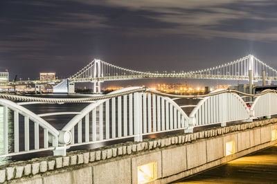 Bridge over river in city at night