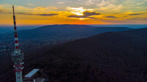 Scenic view of buildings in city during sunset