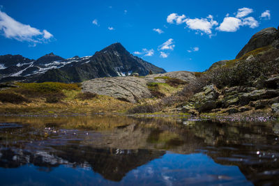 Scenic view of lake and mountains against sky