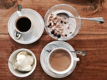 High angle view of breakfast on table