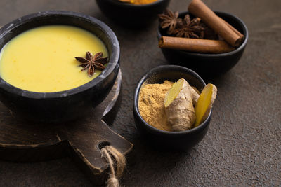 High angle view of vegetables in bowl on table