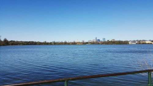 Scenic view of river against clear blue sky