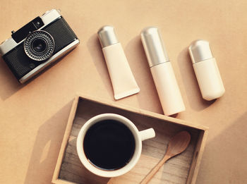 High angle view of coffee cup on table