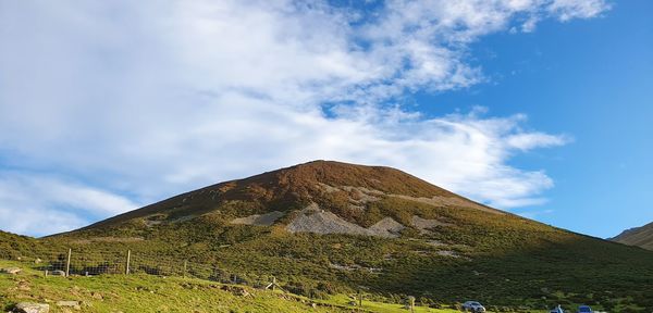 Low angle view of mountain against cloudy sky