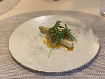 High angle view of food in plate on table