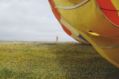 Man standing by hot air balloon on land against sky