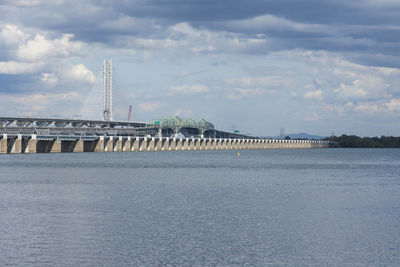 Horizontal view of the two samuel-de-champlain bridges over the st. lawrence river 