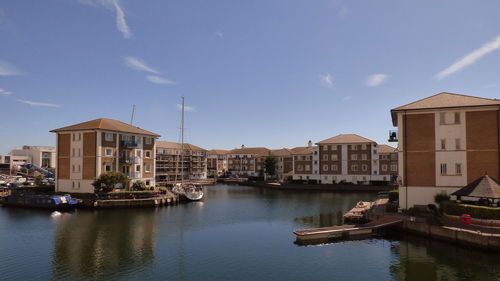 Houses by sea against sky