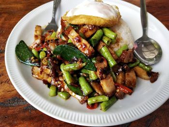 High angle view of food in plate on table