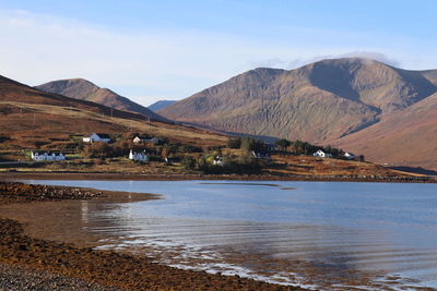 Scenic view of lake and mountains against sky