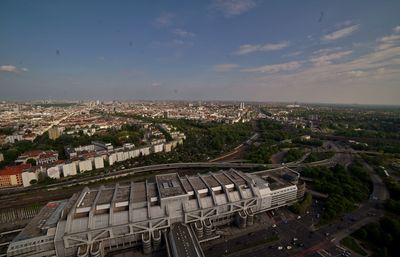 High angle view of buildings in city against sky