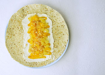 High angle view of breakfast served on table