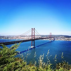 View of suspension bridge against blue sky