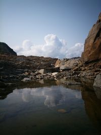 Reflection of rocks in lake against sky