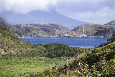 Scenic view of sea and mountains against sky