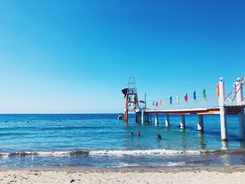 Scenic view of sea against clear blue sky