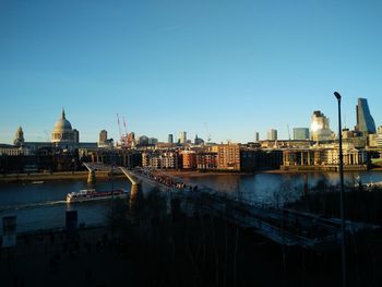 City at waterfront against clear sky