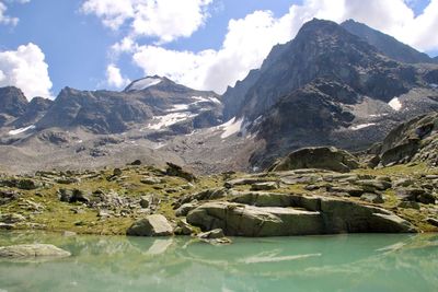Scenic view of lake and mountains against sky