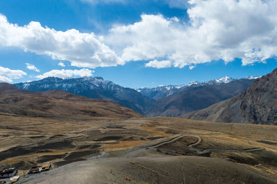 Scenic view of landscape and himalayas mountains against sky