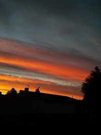 Silhouette houses against dramatic sky during sunset