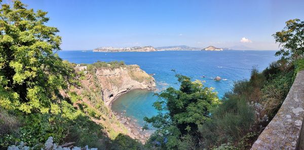 High angle view of bay against sky