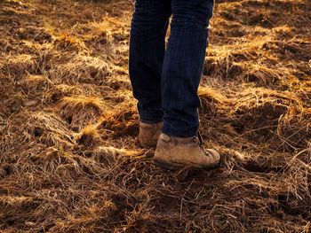 Low section of man standing on grassy field