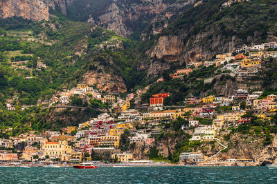 Aerial view of town by sea