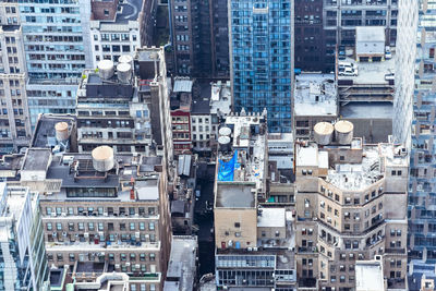 High angle view of modern buildings in city