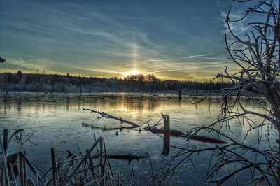 Scenic view of lake against sky during sunset