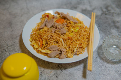 High angle view of breakfast served on table