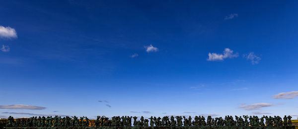 Group of people on land against blue sky