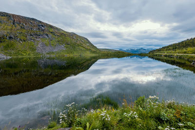 Scenic view of lake and mountains against sky