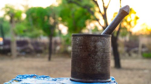 Close-up of metallic structure on table