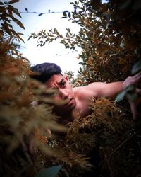 Shirtless young man looking at plants in forest