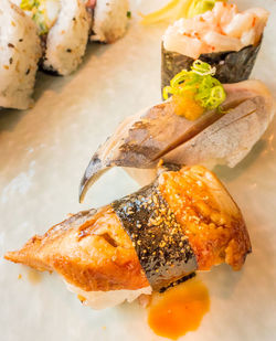 High angle view of seafood served in plate