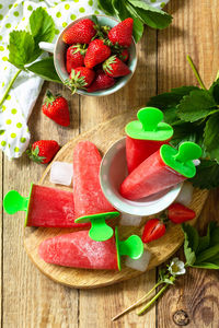 High angle view of fruits in bowl on table