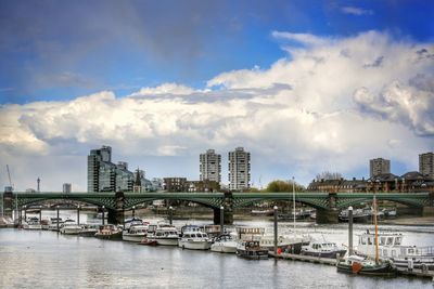 Bridge over river against cloudy sky