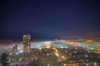 Illuminated cityscape against sky at night during foggy weather