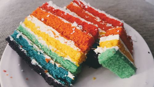 Close-up of colorful cake in plate on table