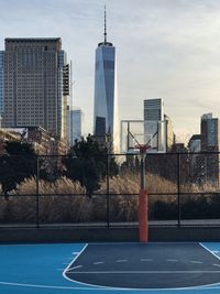 View of basketball hoop in city