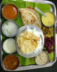 Directly above shot of food served on table