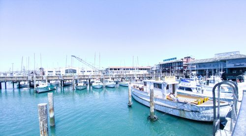Boats moored at harbor against clear sky