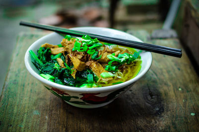 High angle view of food in bowl on table